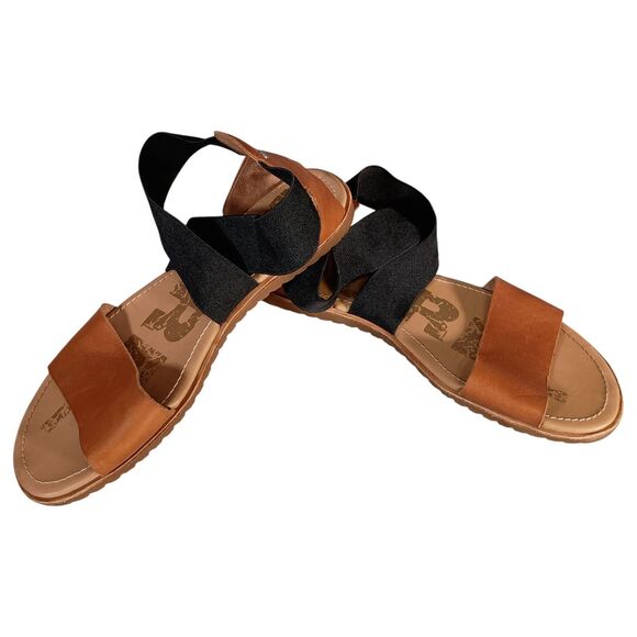 Sorel Ella II Sandals Black Brown Leather Elastic Strappy Flat Comfort 9 - Picture 5 of 9